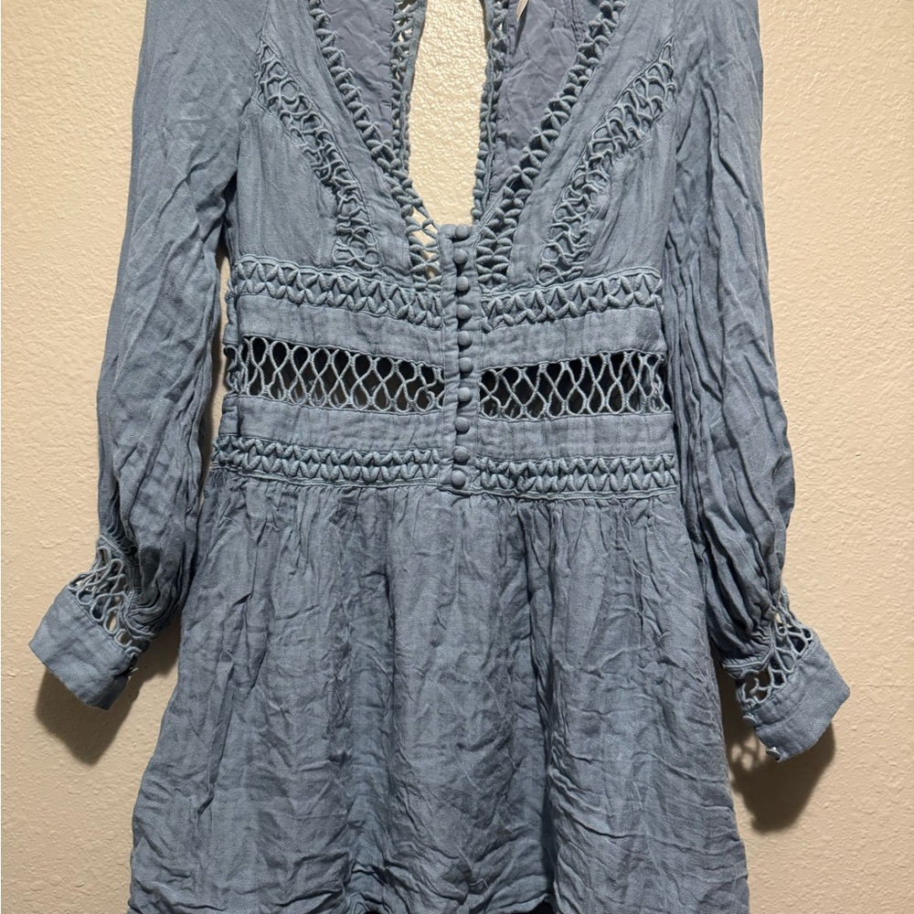 Free People Light Blue Crochet Trim Top